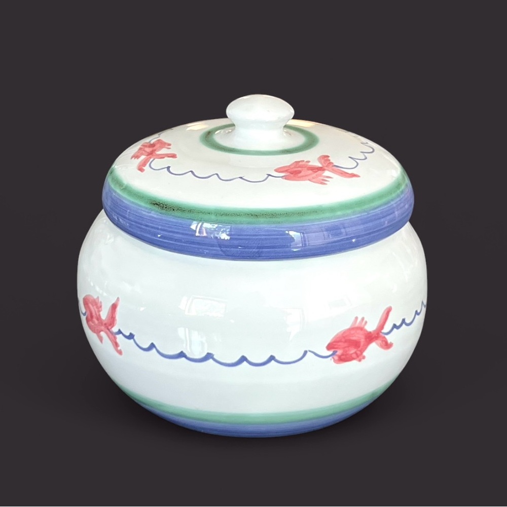 VINTAGE Caleca 🇮🇹 Melissa Small Lidded Pot Hand painted Fish Sea Motif